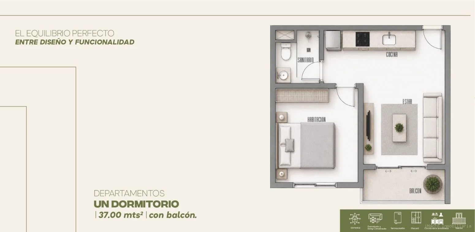 SUL · 1 Dormitorio en Pozo 37 m² – Vista Frente – Piso 9 (Unid. 902) - Imagem 1